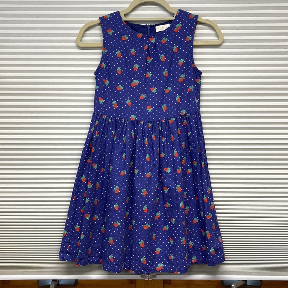 Mini Boden Blue Polka Dot Dress with Red Strawberry Print